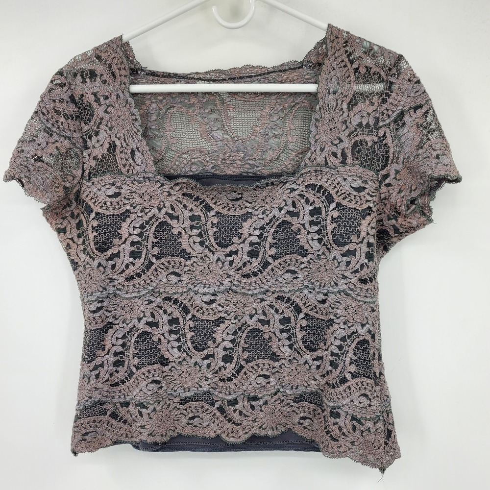 Vintage Kay Celine Floral Lace Square Neck Top Grey Rose L Whimsigoth Y2K Gothic